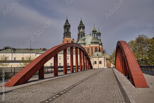 Steel structure of the bridge and towers of the Gothic cathedral cathedral in Poznan.