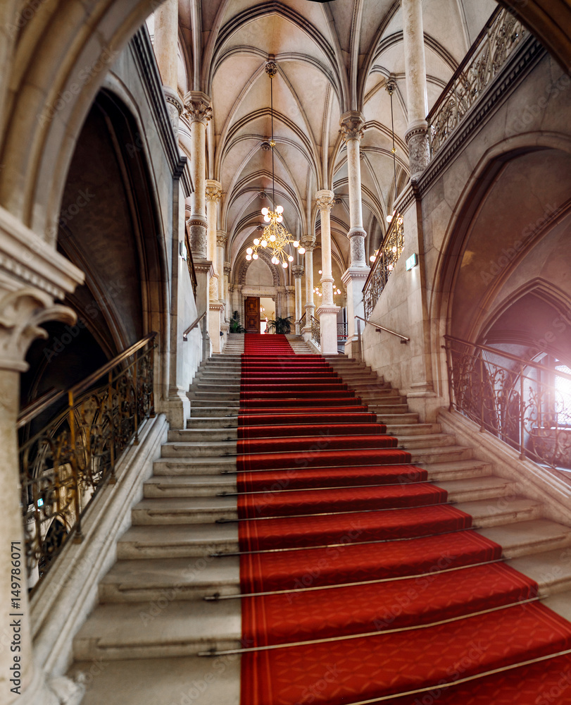 Staircase of Vienna City Town Hall or Rathaus, panoramic indoors view of the landmark