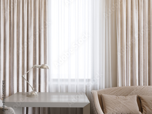 Curtains and workplace in room interior