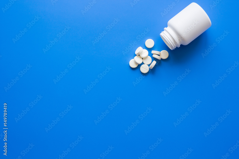 doctor's office table with pills on blue background top view mock up doctor's office table with pills on blue background top view mock up