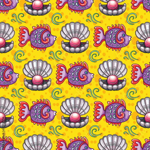 Sea travel seamless background with underwater diving animals. Cartoon tropical coral reef fish and open decorative pearl shell, seashells, silhouette crabs. Vector doodle pattern, summer vacation