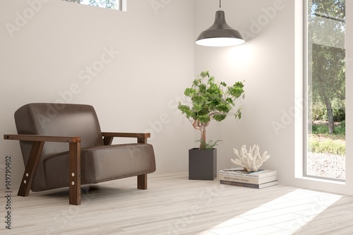 White room with armchair and green landscape in window. Scandinavian interior design. 3D illustration