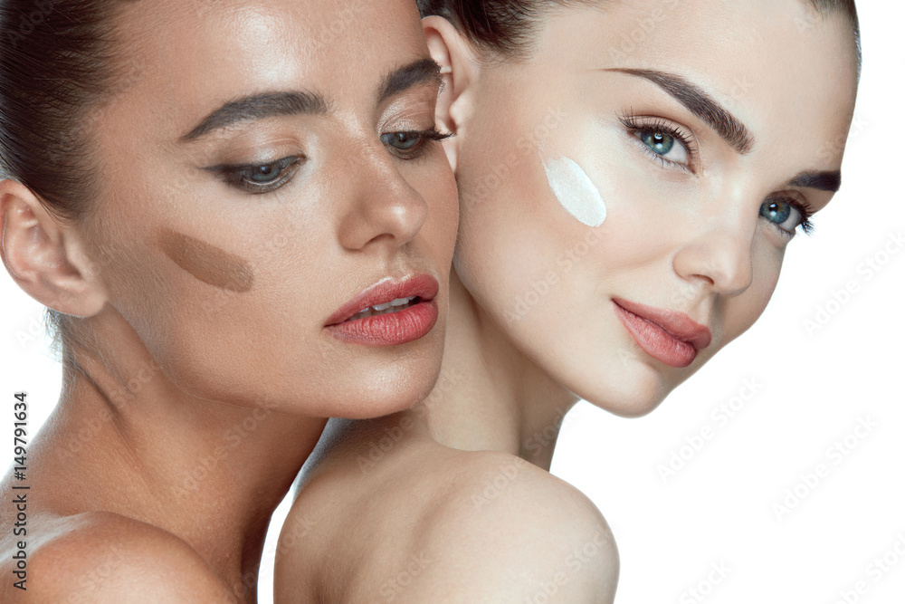 Face Cosmetics. Sexy Models With Foundation On Skin Face Cosmetics. Sexy Models With Foundation On Skin