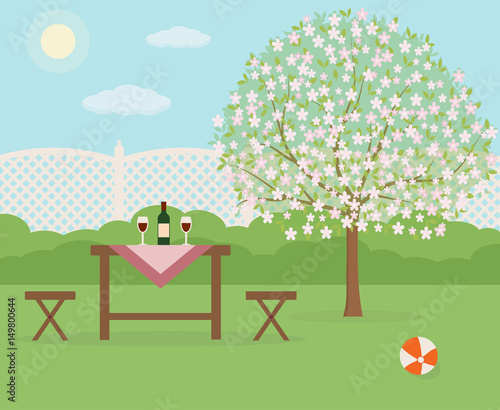 Spring picnic in garden. Resting in a sunny day. Weekend concept. Flat style, vector illustration.
