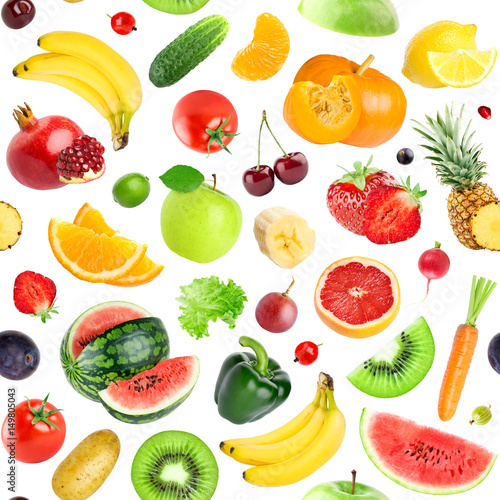 Fototapeta Naklejka Na Ścianę i Meble -  Fruits and vegetables seamless pattern. Background of fresh falling mixed healthy food