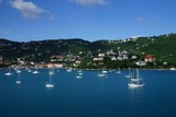 View of Long Bay, St. Thomas island, US Virgin Islands from water with multiple yachts and boats on the foreground