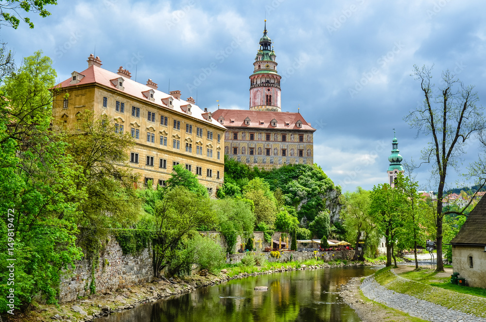 View of Castle in Cesky Krumlov from the wooden bridge on Vltava