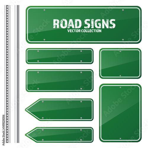 Road green traffic sign. Blank board with place for text.Mockup. Isolated information sign. Direction. Vector illustration.