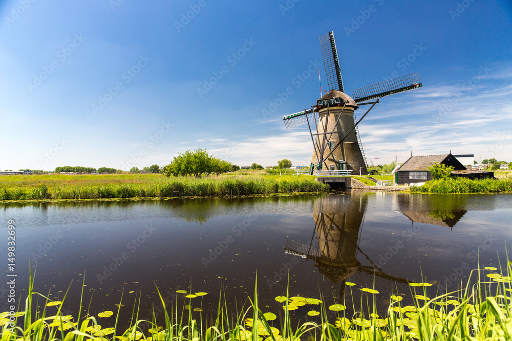 View of Kinderdijk, a park with dutch windmills near Rotterdam.
