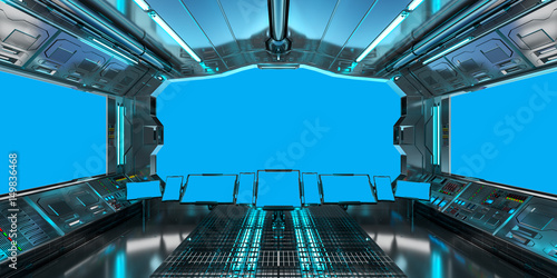 Fototapeta Naklejka Na Ścianę i Meble -  Spaceship interior with view on blue windows 3D rendering