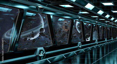Fototapeta Naklejka Na Ścianę i Meble -  Spaceship corridor with view on distant planets system 3D rendering elements of this image furnished by NASA