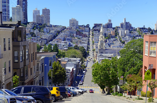 Sprawling homes and buildings on steep angled streets in San Francisco California