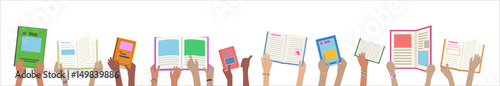 Banner of school children holding and reading library books in hands