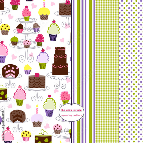 Cake and cupcake seamless pattern set. Repeating patterns for gift wrap, baby shower, scrapbook paper and more. Bakery, stripe, gingham and polka dot print. Cute, sweet, simple.