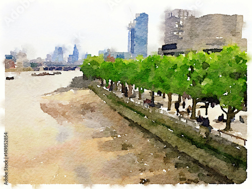 Digital watercolor painting of the riverside in London with the tide out and green trees along the river edge. With space for text.  photo