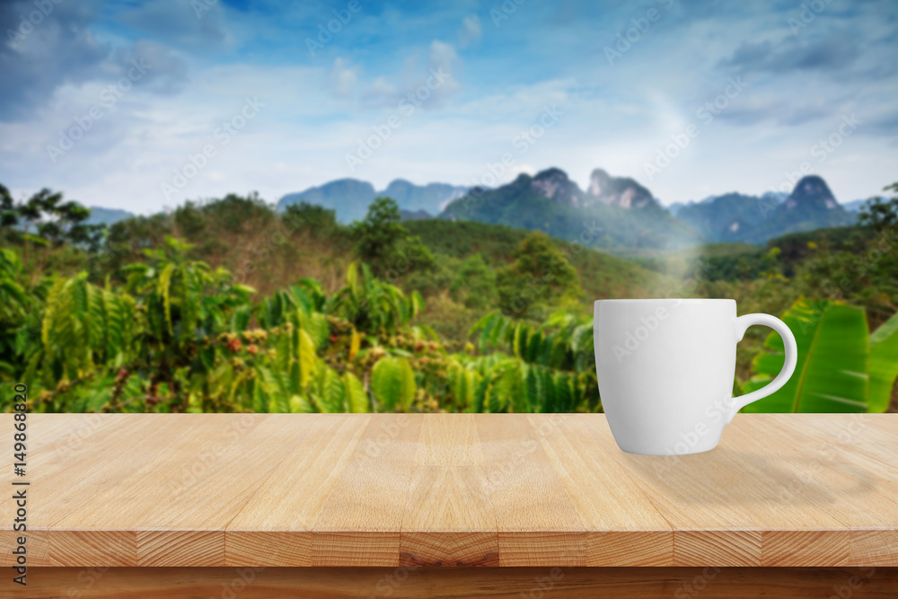 Coffee cup on the table in the robusta coffee farm. Coffee cup on the table in the robusta coffee farm.