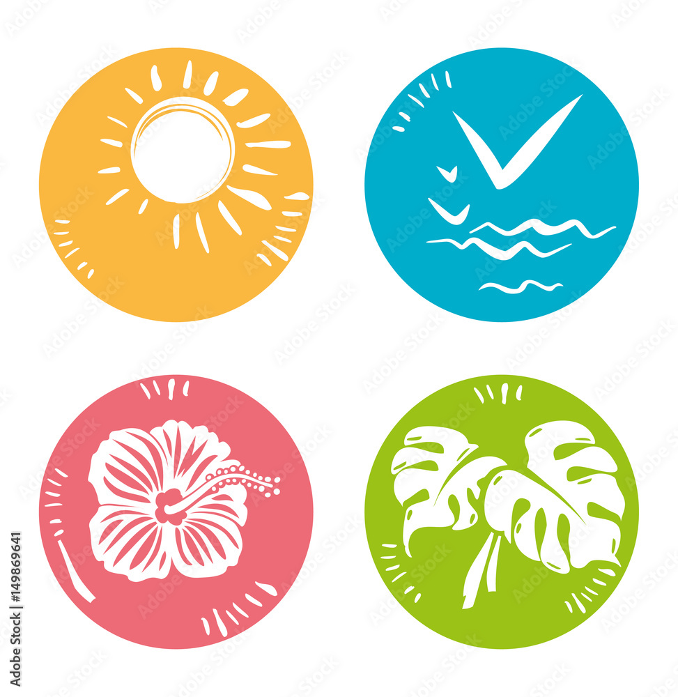 Four summer icons. Simple round symbols nature. Vector flat template. Four summer icons. Simple round symbols nature. Vector flat template.