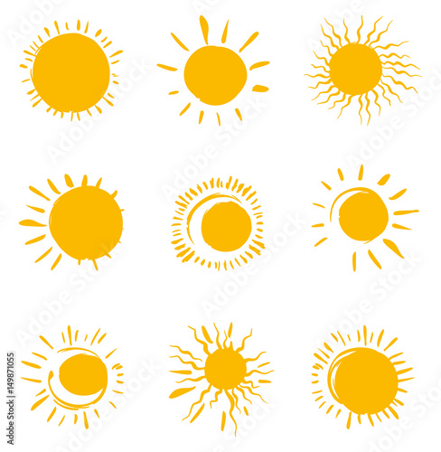 Nine painted solar symbols. Vector set of sun icons.