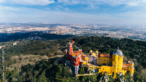 Aerial panorama of colorful Palacio da pena castle,Pena National Palace,Sintra, Lisbon, Portugal, Europe.Royal castle.UNESCO World Heritage Site and Wonder of Portugal.Travel Europe,European places