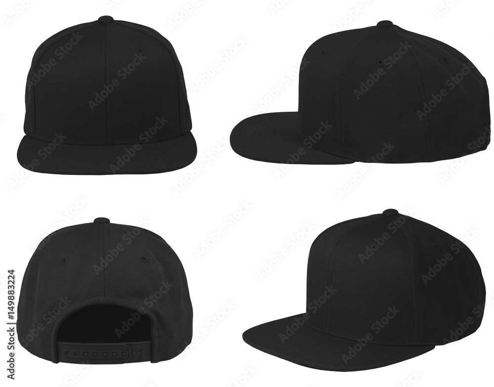 Mock up blank flat snap back hat black isolated view set on white background Mock up blank flat snap back hat black isolated view set on white background