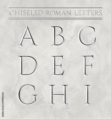 Roman letters chiseled in marble stone. Vector illustration. Letters a, b, c, d, e, f, g, h, i.