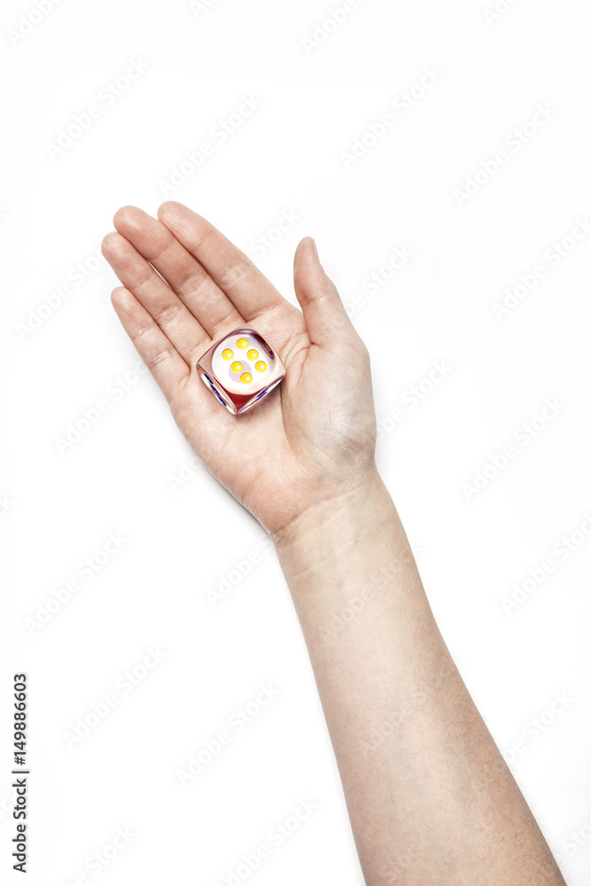 woman hand hold a dice isolated white. woman hand hold a dice isolated white.