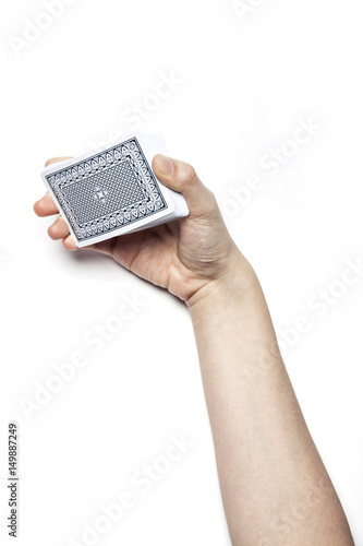 woman hand hold a card back side isolated white. photo