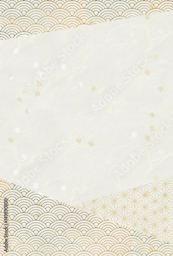 和風素材　ハガキ比率　和紙　金箔散らし　和柄　青海波　麻の葉模様