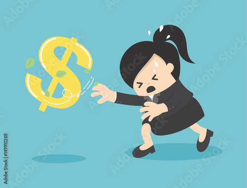 Cartoon Business woman chasing symbol money style. Vector illustration.