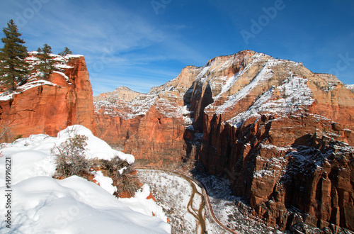 View from Scouts Lookout on Angels Landing Hiking Trail in Zion National Park in Utah United States