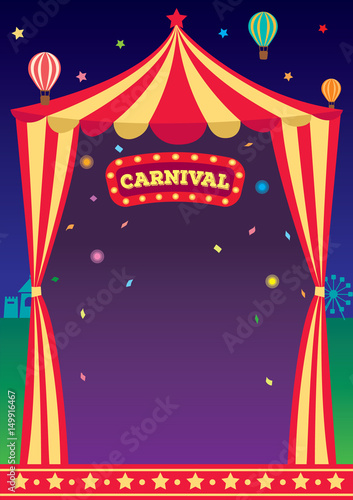 Illustration vector of circus carnival tent decorated with retro sign and balloon on night  festival background design for template.
