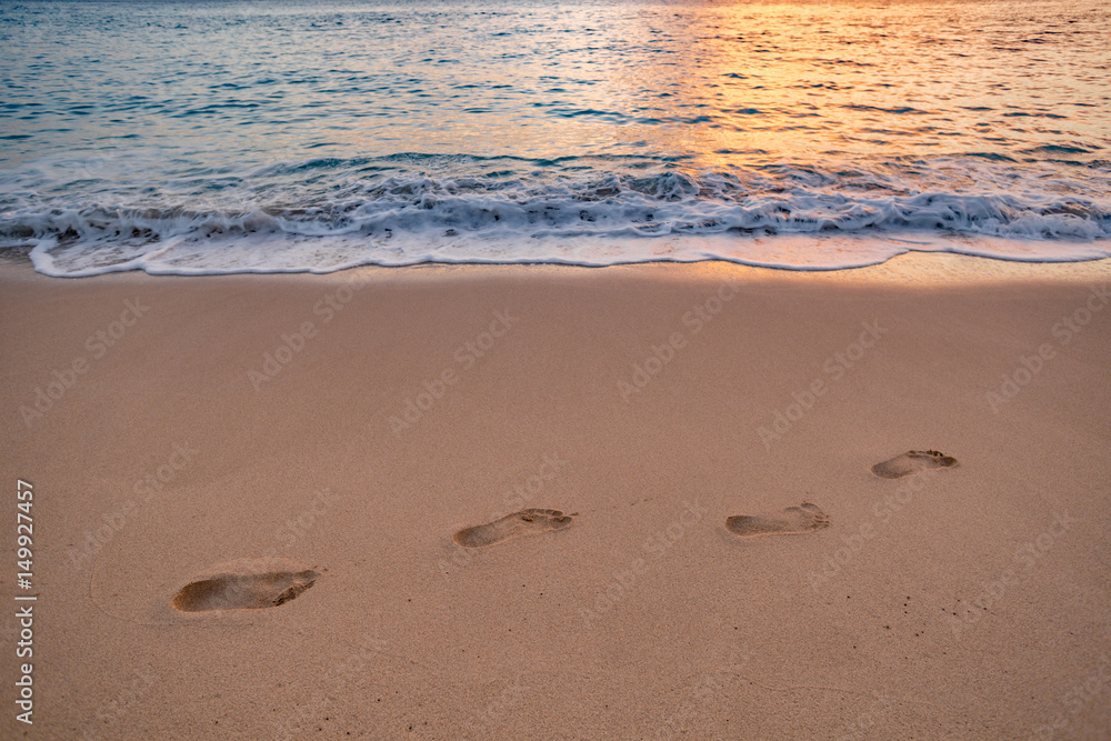 Footprints on wet sand of shoreline at a beach after ocean water has gone. Sunset time golden light beautiful pinky tone Footprints on wet sand of shoreline at a beach after ocean water has gone. Sunset time golden light beautiful pinky tone