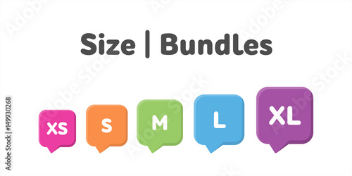 Different size bundles icons set. Literal measurement symbol vector illustration. Labels from extra small to extra large