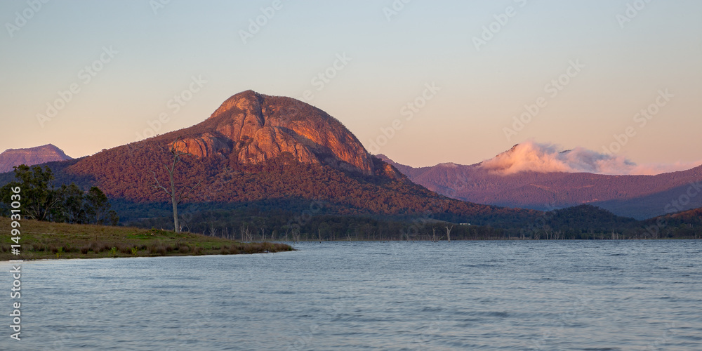 Sunrise view of Mount Greville from Lake Moogerah