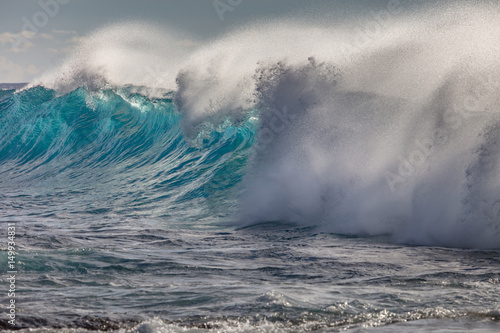Blue shorebreak storming wave. Pacific ocean seascape water pattern