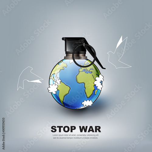 Stop world war concept advertisement, no war in form of hand grenade bomb and flying dove, vector illustration