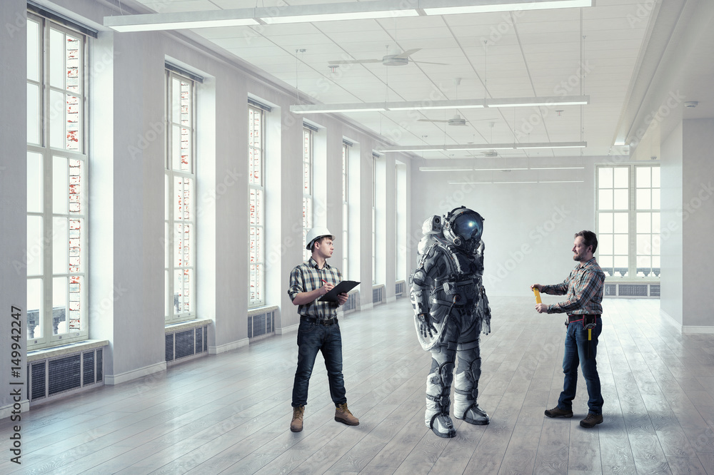 Obraz premium Scientists designing space suit. Mixed media