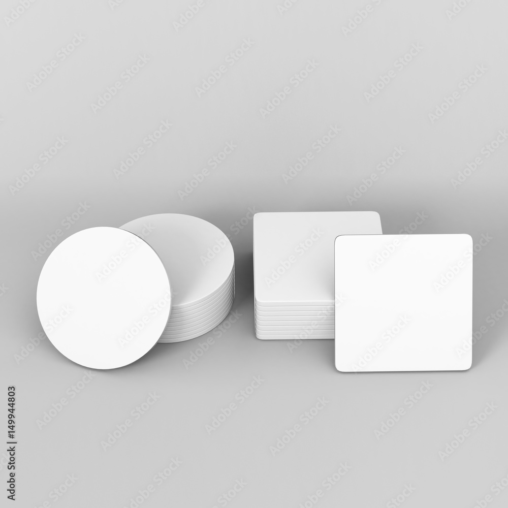 White Square and round circular coasters on isolated grey background, 3D Illustration White Square and round circular coasters on isolated grey background, 3D Illustration