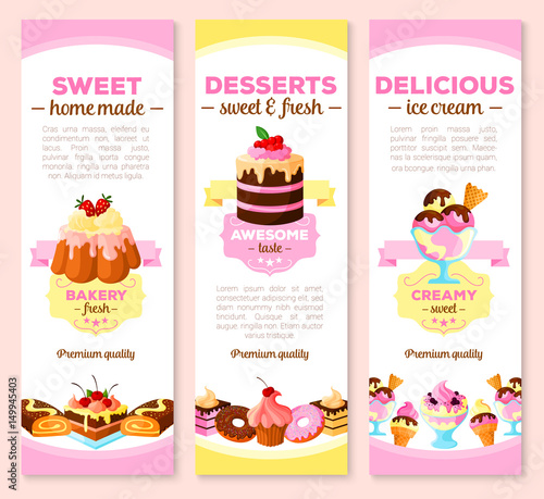 Vector banners of dessert cakes and pastry sweets