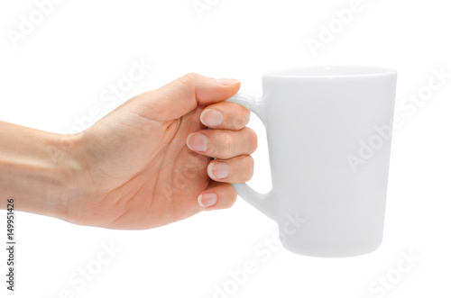 woman hand holding white cup.