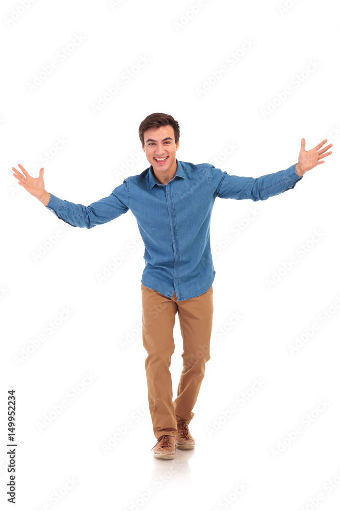 laughing excited man welcoming you laughing excited man welcoming you