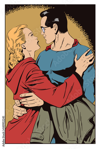 Superhero says goodbye to girl.Stock illustration.