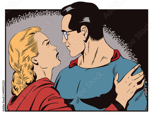Superhero says goodbye to girl.Stock illustration.