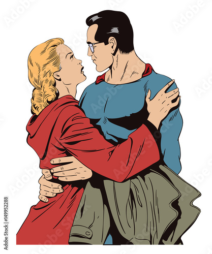 Superhero says goodbye to girl.Stock illustration.