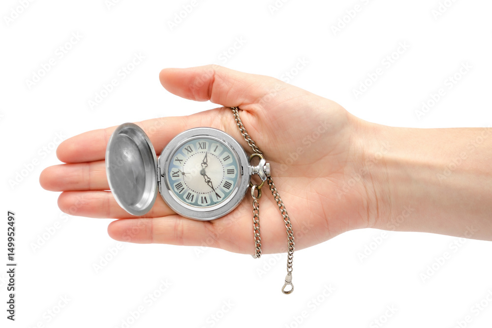 female hand takes or gives pocket watch. female hand takes or gives pocket watch.