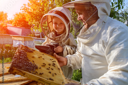 Experienced beekeeper grandfather teaches his grandson caring for bees. Apiculture. The transfer of experience.