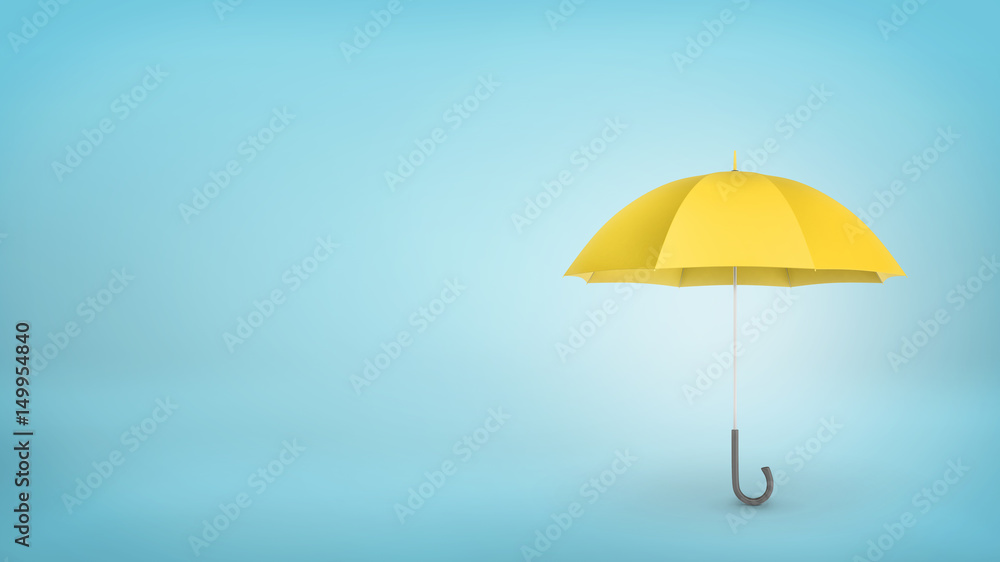 An open classic yellow umbrella with a handle vertically placed on blue background.