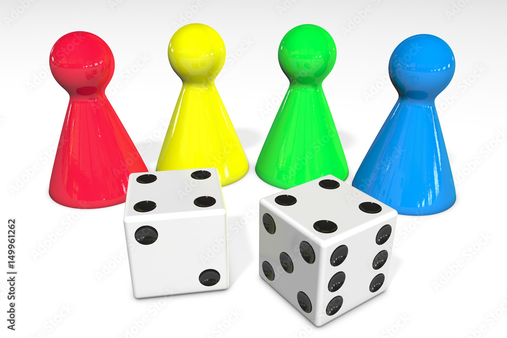 3d illustration: Four colored plastic board game pieces with