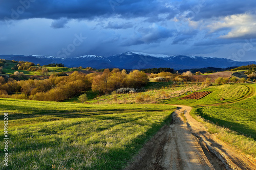 Spring forest and meadows landscape in Slovakia. Coming storm panorama. Blooming cherry trees. Sunlit country.