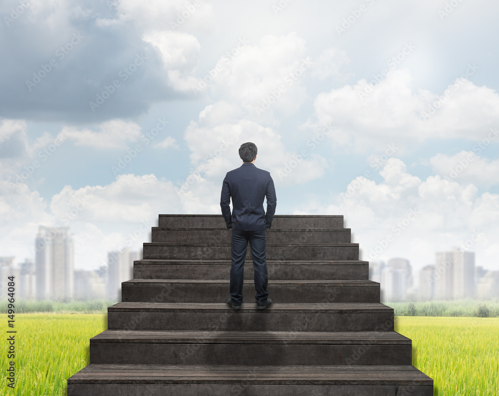 Businessman standing for walking up stairs over the  grass and cityscape under the cloud and sky background,Success business and Ambitions concept